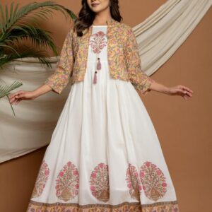 Ivory Bloom Anarkali with Mustard Floral Jacket